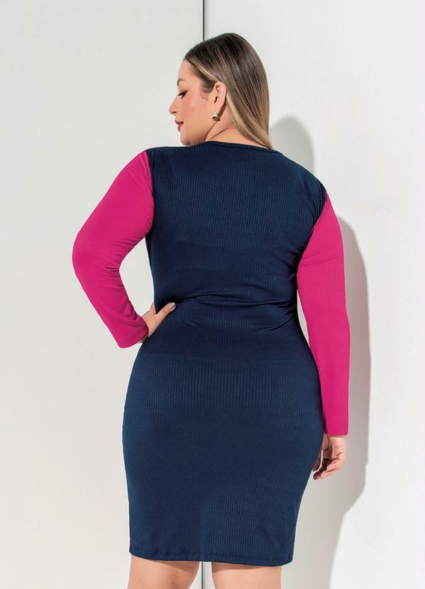 Queima Estoque - Vestido Marinho e Pink Mangas Longas Plus Size 2