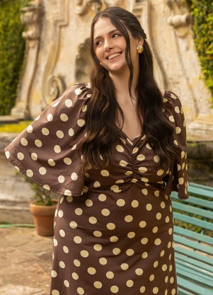 Marguerite - Vestido Marrom com Poá Amarelo em Malha Suplex - MARGUERITE