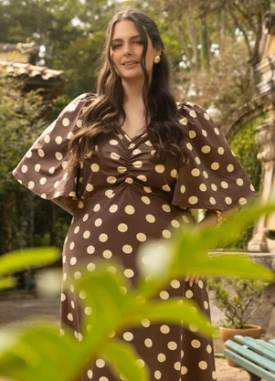 Marguerite - Vestido Marrom com Poá Amarelo em Malha Suplex - MARGUERITE