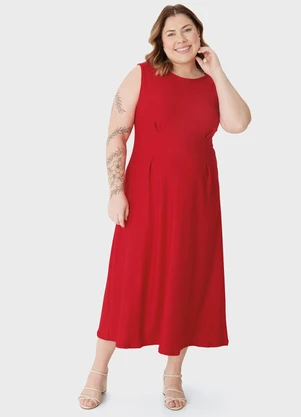 Malwee - Vestido Mídi Acinturado PlusVermelho - MALWEE