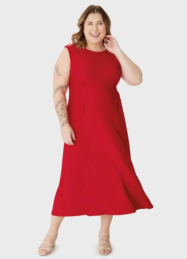 Malwee - Vestido Mídi Acinturado PlusVermelho