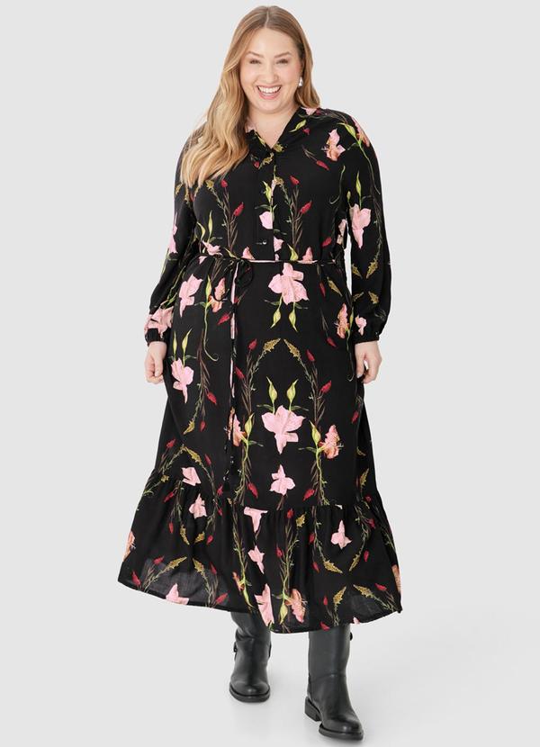 Malwee - Vestido Midi Amplo Floral Plus Preto