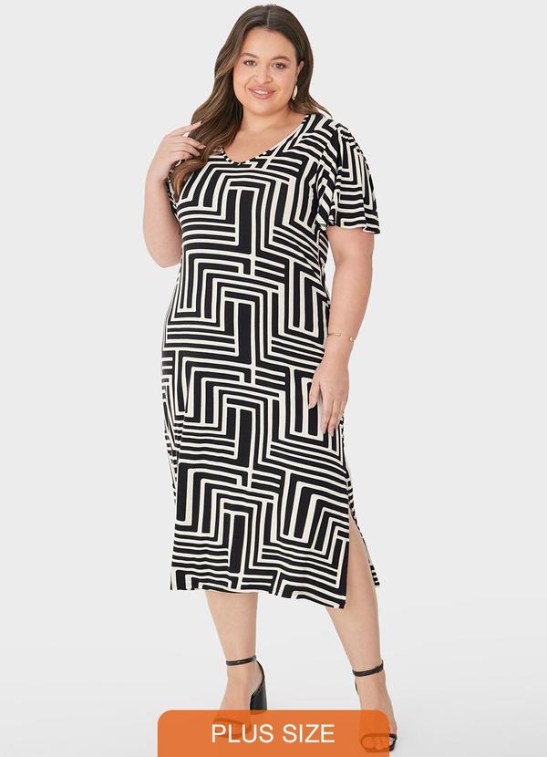 Malwee - Vestido Midi Amplo Geométrico Plus Preto
