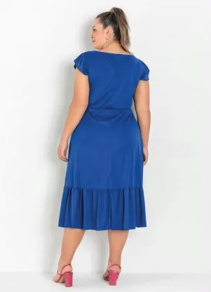 Marguerite - Vestido Midi Azul com Franzidos Plus Size - MARGUERITE