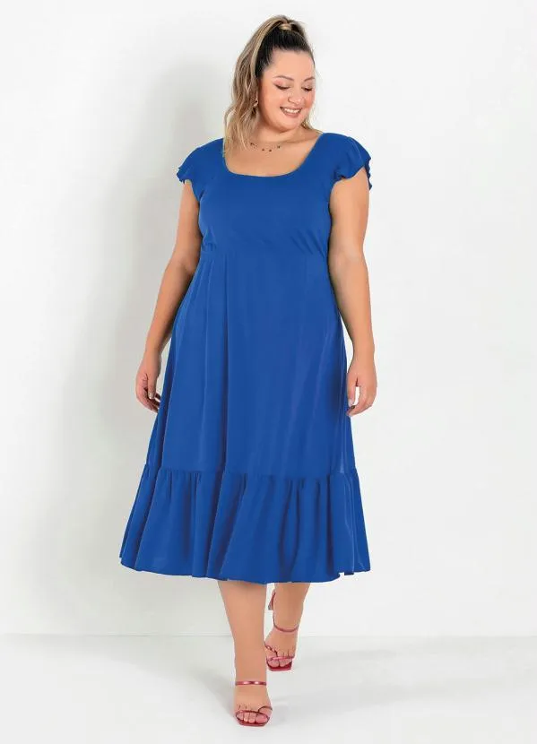 Vestido Midi Azul com Franzidos Plus Size Marguerite