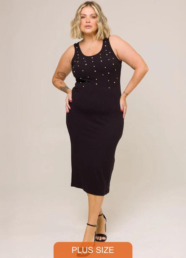 Cess - Vestido Midi Canelado com Strass Mirella Preto