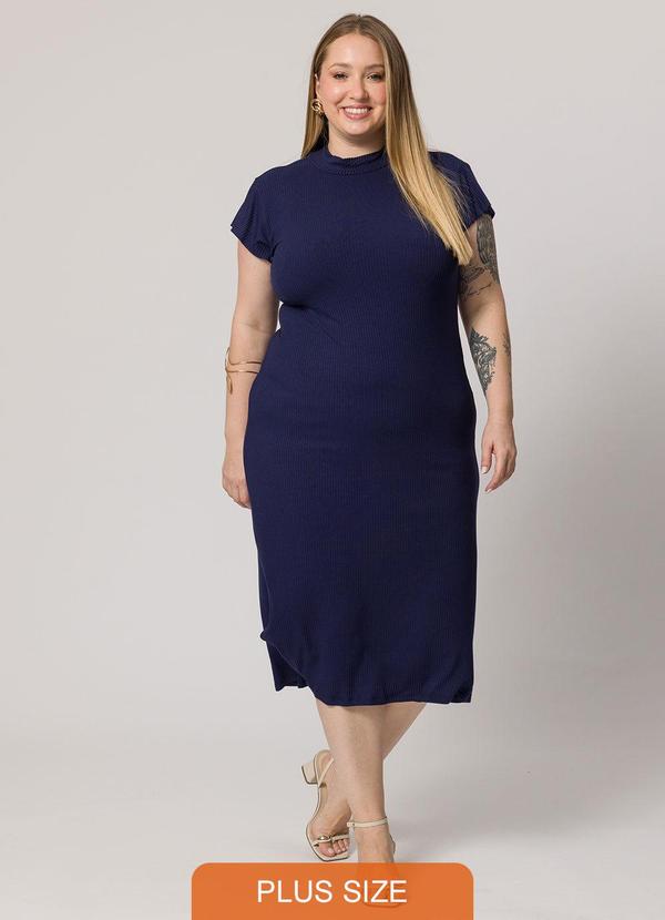 Lisamour - Vestido Midi Canelado de Manga Curta Azul