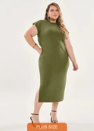 Lisamour - Vestido Midi Canelado de Manga Curta Verde - LISAMOUR