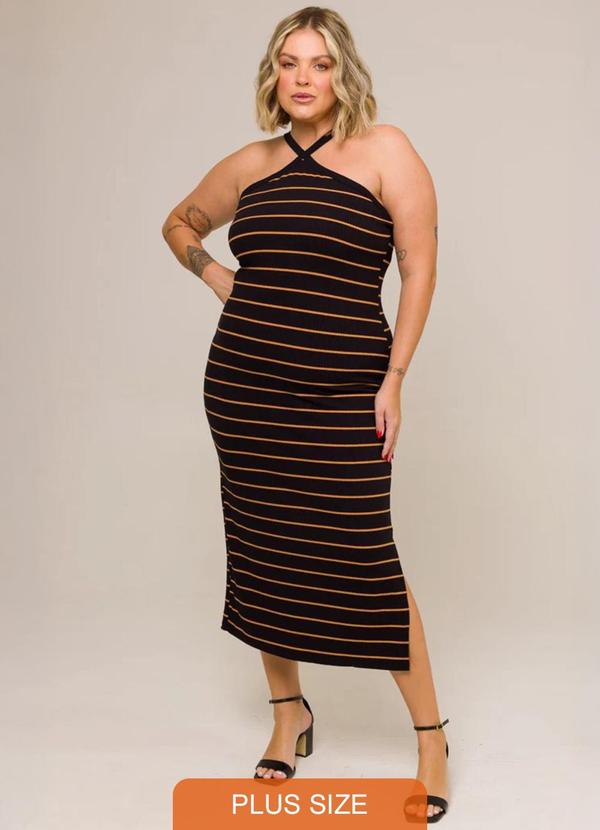 Cess - Vestido Midi Canelado Listrado com Fenda Preto