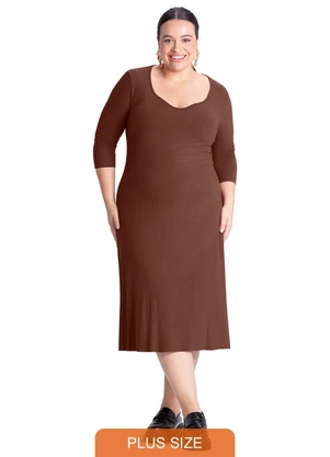 Outlet - Vestido Midi Canelado Plus Size Feminino Marrom - OUTLET