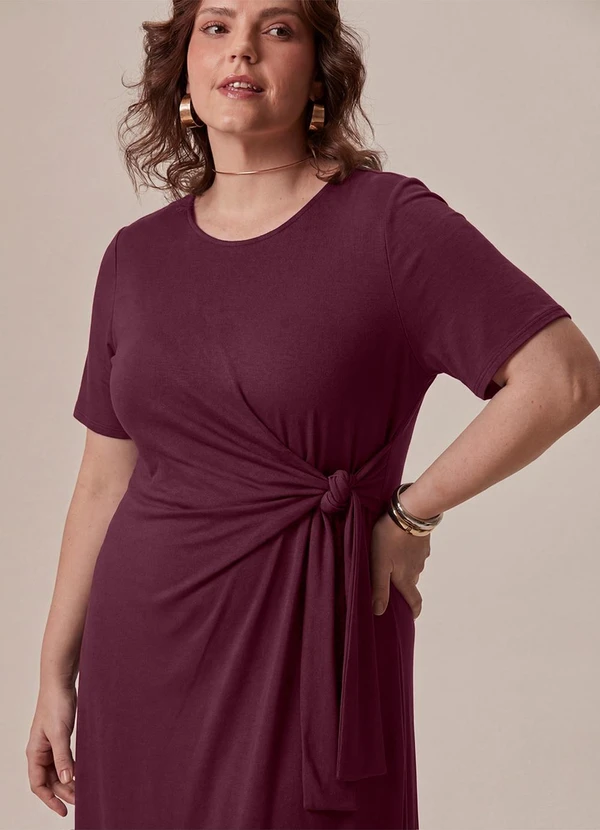 Malwee - Vestido Midi com Amarração Plus Bordô