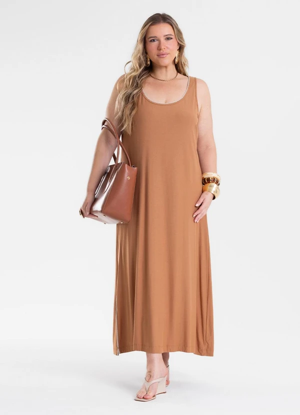 Secret Glam - Vestido Midi com Detalhe Ponto Concha Marrom