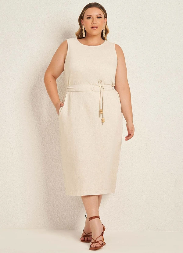 Lisamour - Vestido Midi com Faixa e Bolsos Branco