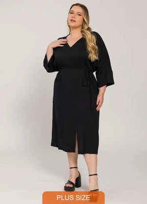 Lisamour - Vestido Midi com Faixa na Cintura Preto - LISAMOUR