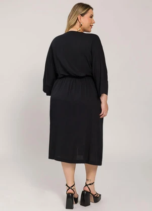 Lisamour - Vestido Midi com Faixa na Cintura Preto - LISAMOUR