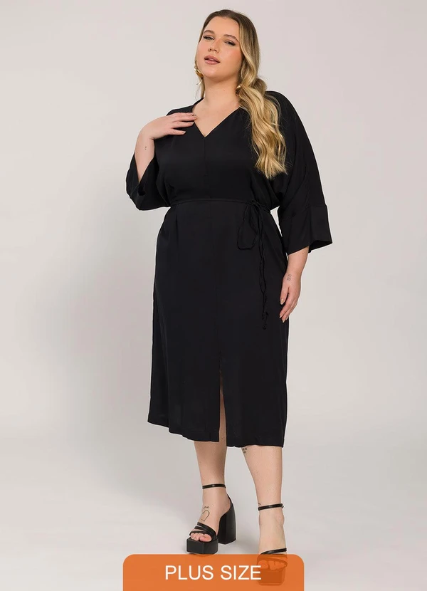 Lisamour - Vestido Midi com Faixa na Cintura Preto