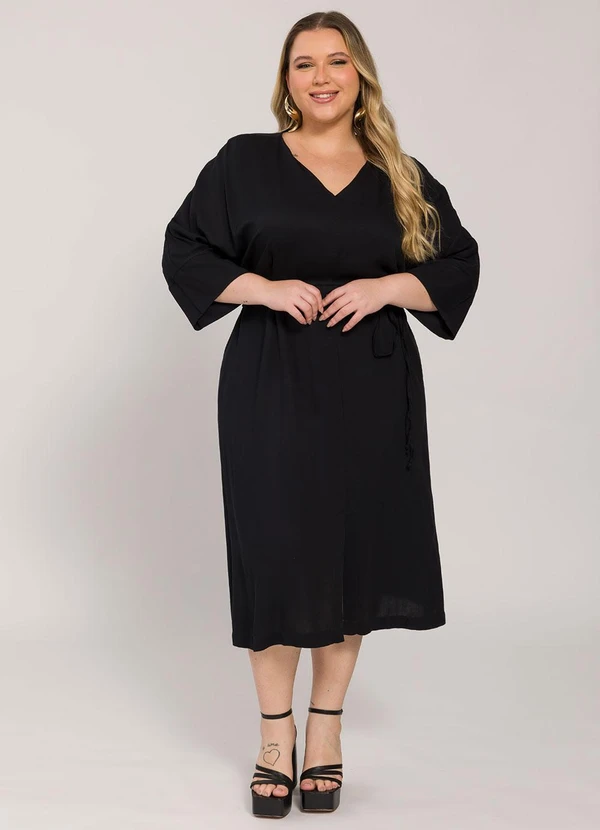 Lisamour - Vestido Midi com Faixa na Cintura Preto 3