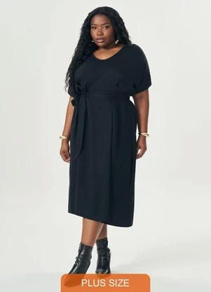 Lisamour - Vestido Midi com Faixa na Cintura Preto - LISAMOUR