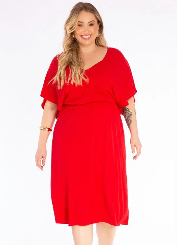 Vestido Midi em Tecido Plano Vermelho Lisamour