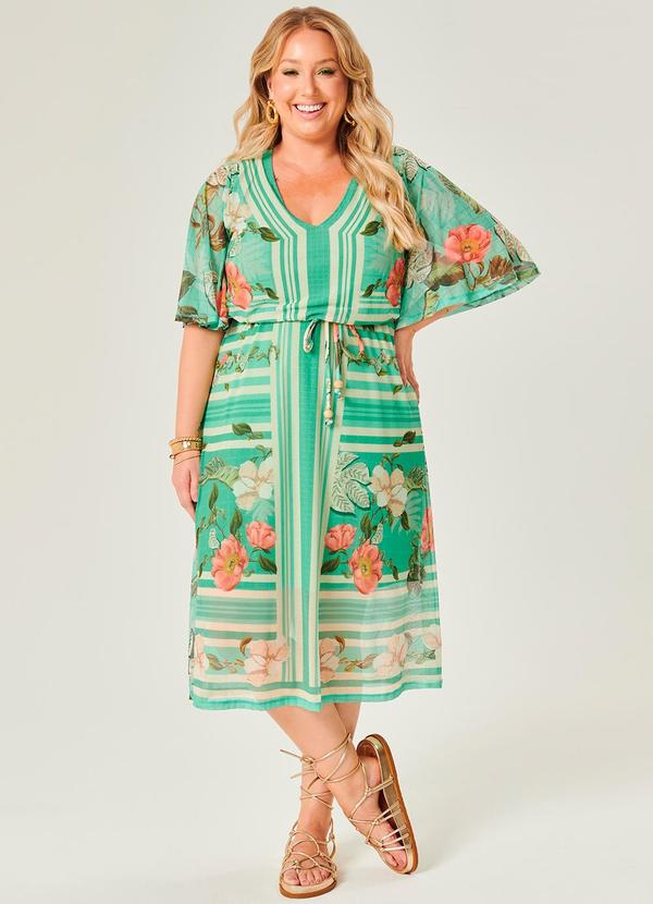 Lisamour Vestido Midi em Tule Estampado Verde Floral