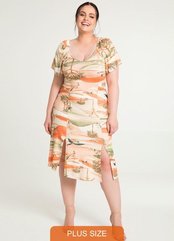 Lunender Mais Mulher - Vestido Midi Estampado com Fendas Laranja