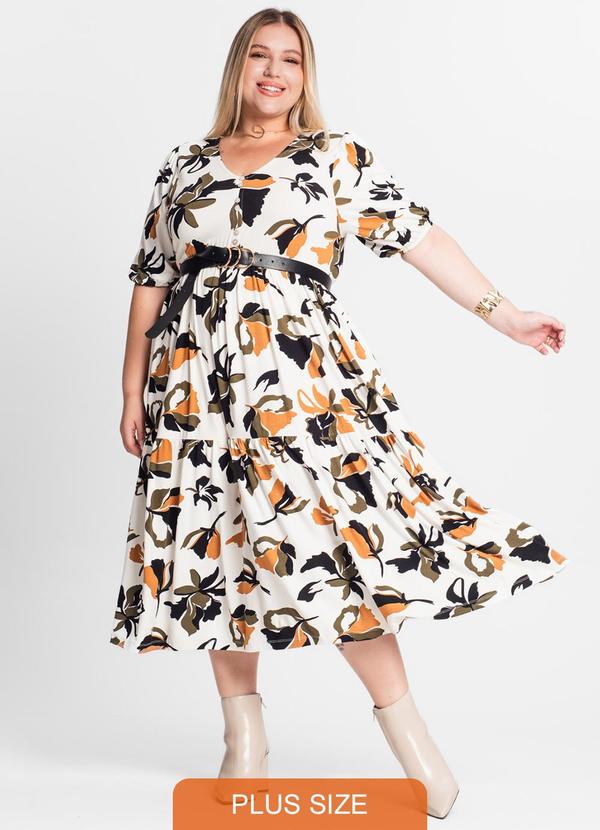 Secret Glam - Vestido Midi Estampado Plus Size Bege