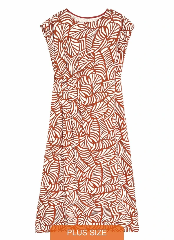Malwee - Vestido Mídi Evasê Folhagens Plus Laranja