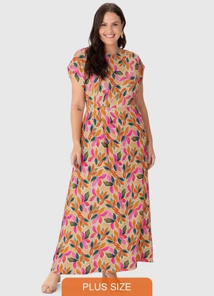 Malwee - Vestido Mídi Evasê Folhagens Plus Rosa - MALWEE