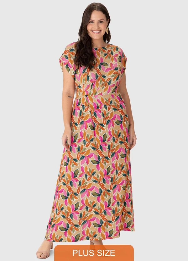 Malwee - Vestido Mídi Evasê Folhagens Plus Rosa 1
