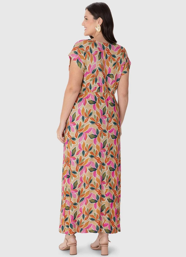 Malwee - Vestido Mídi Evasê Folhagens Plus Rosa 2