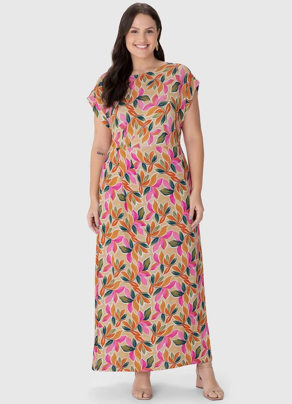 Malwee - Vestido Mídi Evasê Folhagens Plus Rosa 4