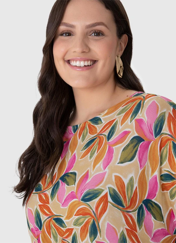 Malwee - Vestido Mídi Evasê Folhagens Plus Rosa 5