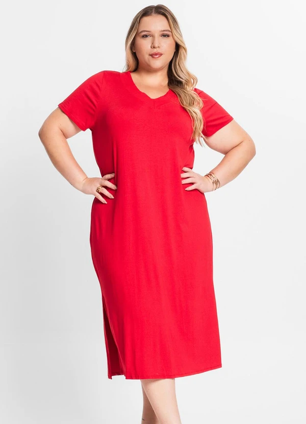 Rovitex - Vestido Midi Feminino com Decote em V Vermelho