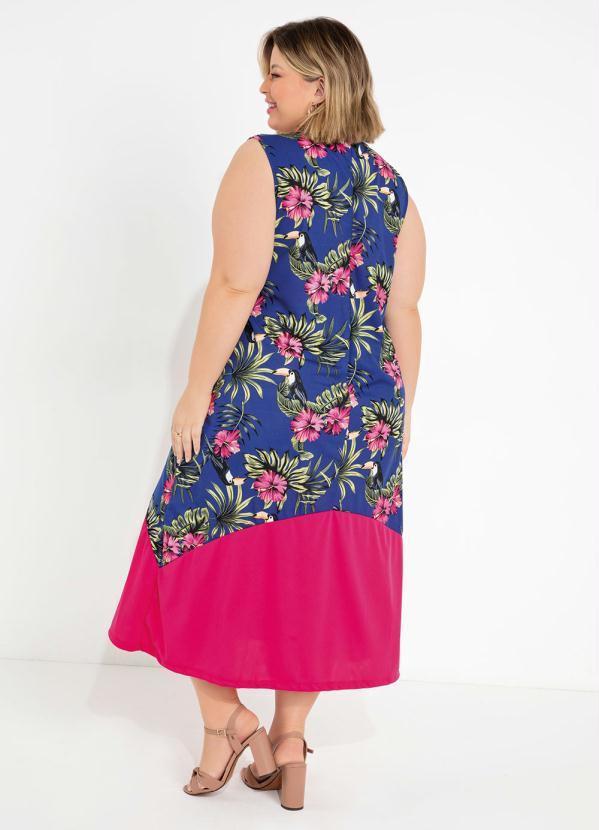 Outlet - Vestido Midi Floral Azul e Pink Plus Size 2