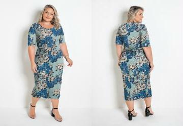 Vestido Midi Floral Azul Plus Size