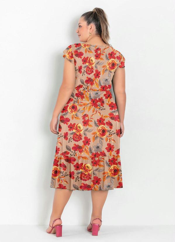 Marguerite - Vestido Midi Floral Bege com Franzidos Plus Size 2