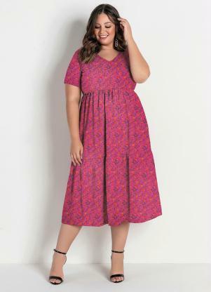 Vestido Midi (Floral Pink) com Babados Plus Size