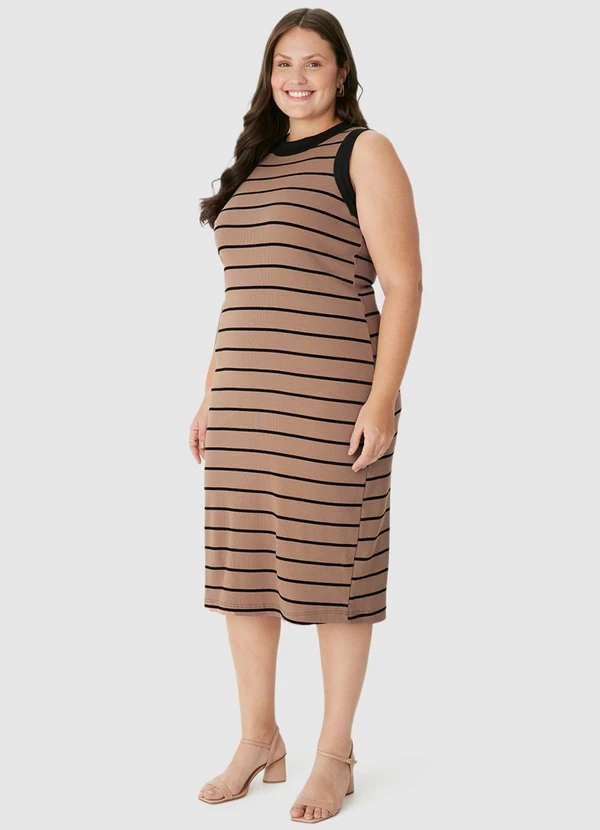 Malwee - Vestido Mídi Listrado Justo PlusCaramelo 4