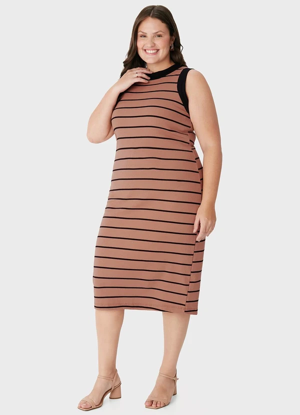 Malwee - Vestido Mídi Listrado Justo PlusCaramelo 5