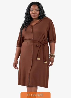 Secret Glam - Vestido Midi Manga 3/4 Plus Size Marrom - SECRET GLAM