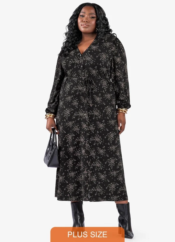 Secret Glam - Vestido Midi Manga Longa Plus Size Preto