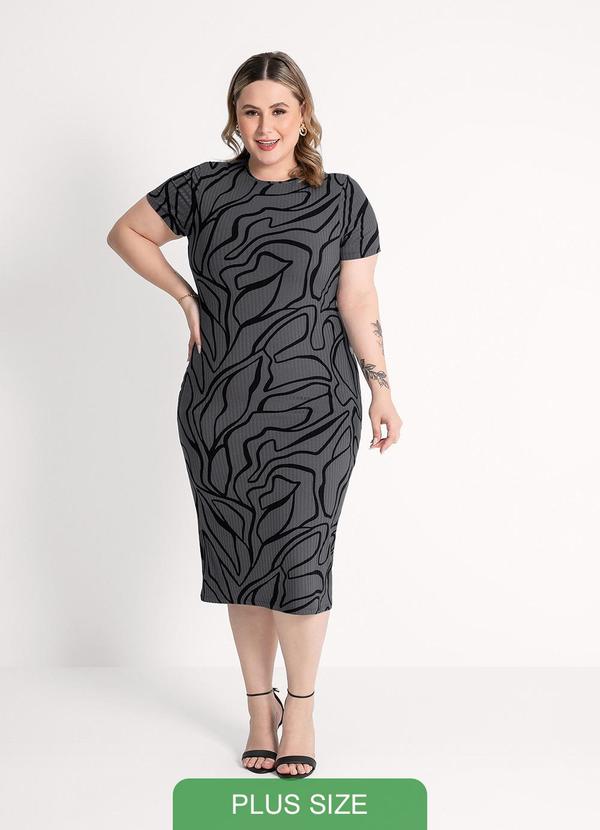 Habana - Vestido Midi Plus Size em Canelado Cinza Escuro