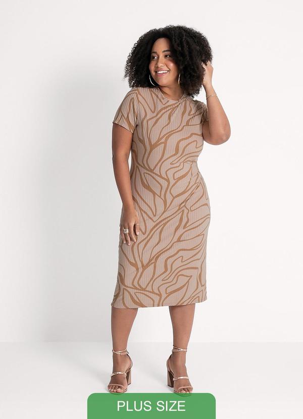 Habana - Vestido Midi Plus Size em Canelado Marrom Claro