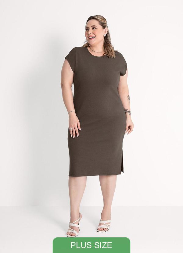 Habana - Vestido Midi Plus Size em Canelado Marrom Escuro