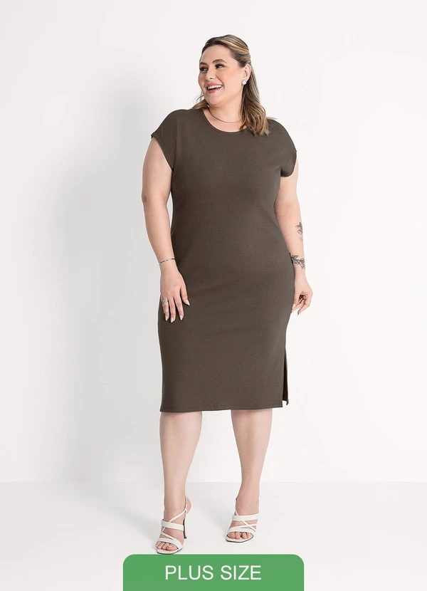 Vestido Midi Plus Size em Canelado Marrom Escuro Habana - Main Image