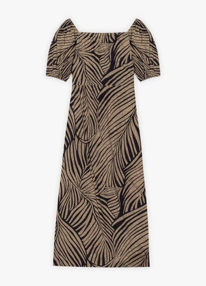 Cereja Rosa - Vestido Midi Plus Size Estampado em Viscose Bege - CEREJA ROSA