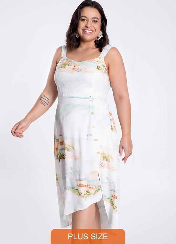 Lunender Mais Mulher - Vestido Midi Plus Size Estampado Fenda Off White