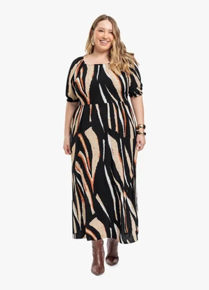 Cereja Rosa - Vestido Midi Plus Size Estampado Viscose Preto - CEREJA ROSA