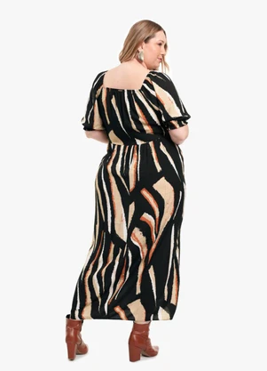 Cereja Rosa - Vestido Midi Plus Size Estampado Viscose Preto - CEREJA ROSA