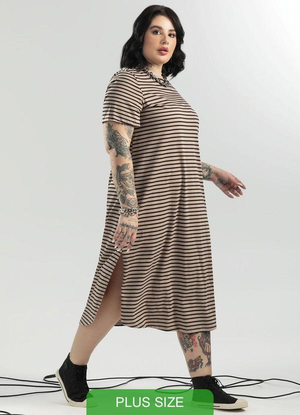 Cativa - Vestido Midi Plus Size Listrado Bege